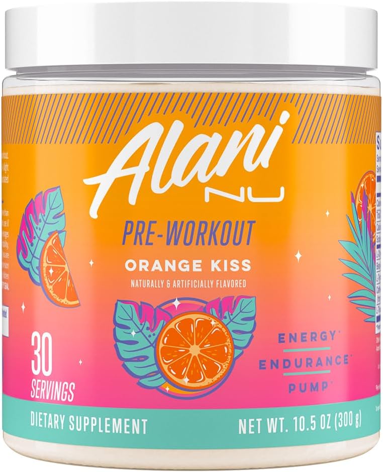 Alani Nu Orange KISS Pre Workout Powder with Amino Energy Boost - 200mg Caffeine, L-Theanine, Beta-Alanine, Citrulline - Sugar Free Endurance Supplement, 30 Servings