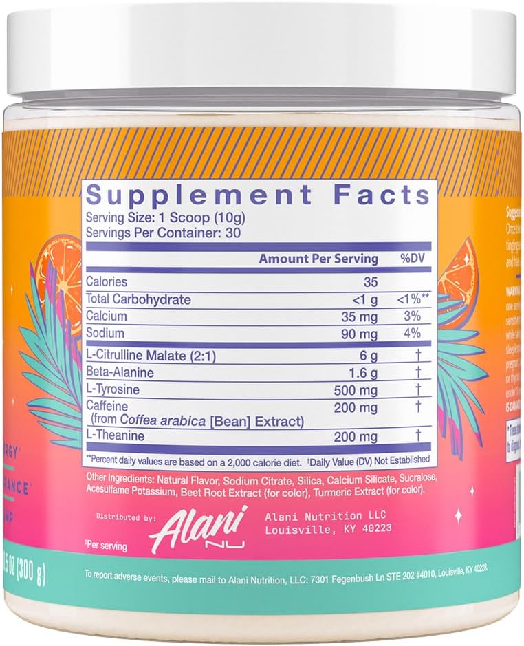 Alani Nu Orange KISS Pre Workout Powder with Amino Energy Boost - 200mg Caffeine, L-Theanine, Beta-Alanine, Citrulline - Sugar Free Endurance Supplement, 30 Servings