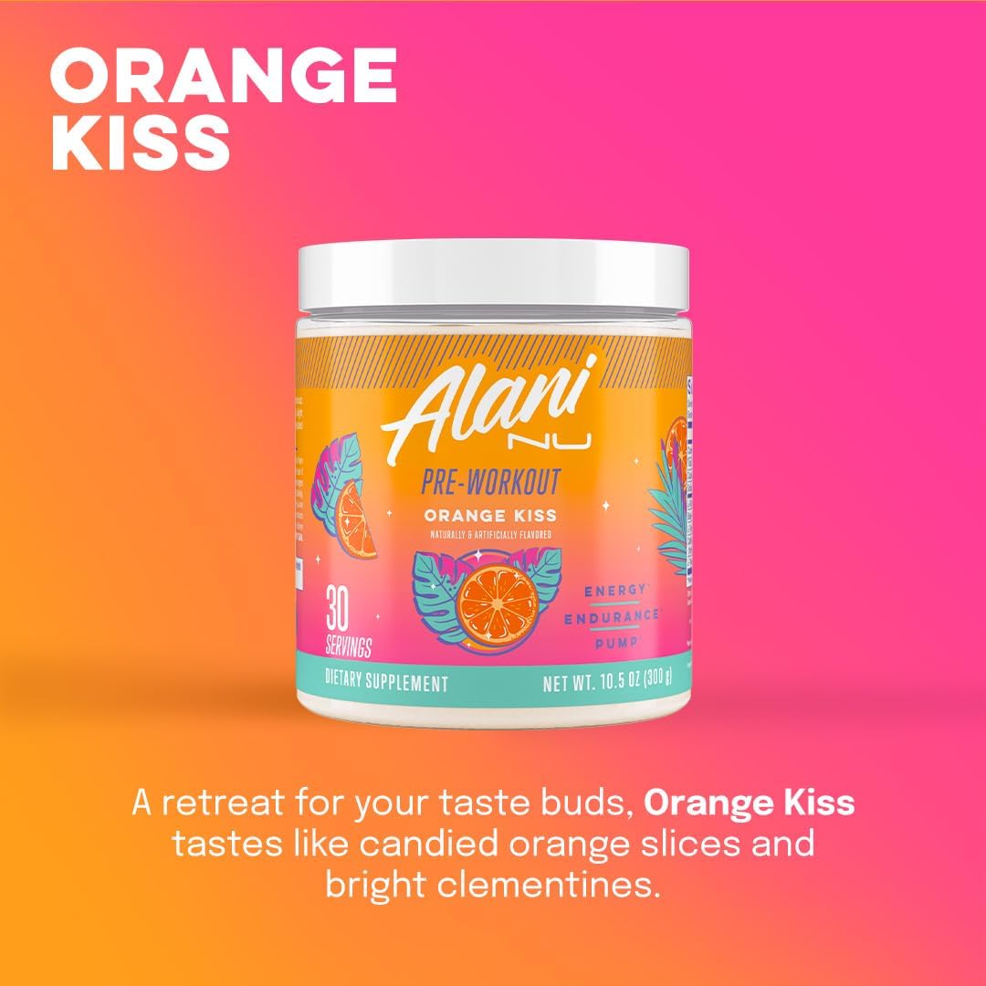 Alani Nu Orange KISS Pre Workout Powder with Amino Energy Boost - 200mg Caffeine, L-Theanine, Beta-Alanine, Citrulline - Sugar Free Endurance Supplement, 30 Servings