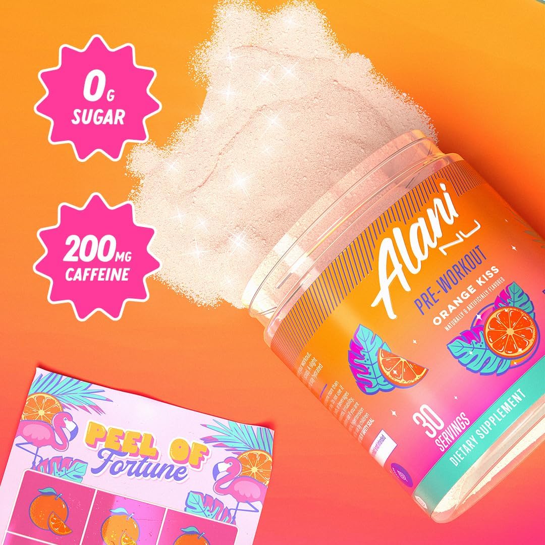 Alani Nu Orange KISS Pre Workout Powder with Amino Energy Boost - 200mg Caffeine, L-Theanine, Beta-Alanine, Citrulline - Sugar Free Endurance Supplement, 30 Servings
