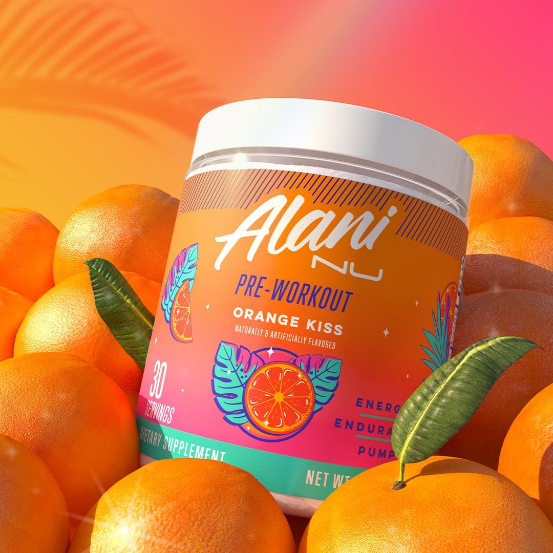 Alani Nu Orange KISS Pre Workout Powder with Amino Energy Boost - 200mg Caffeine, L-Theanine, Beta-Alanine, Citrulline - Sugar Free Endurance Supplement, 30 Servings