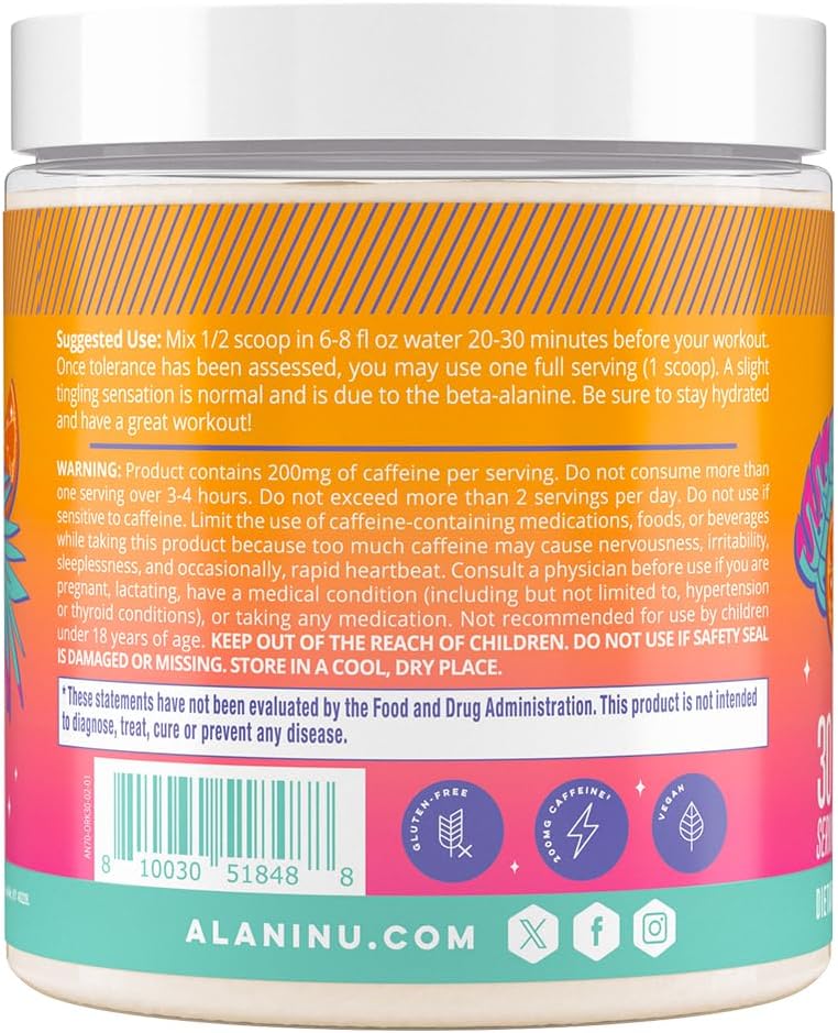 Alani Nu Orange KISS Pre Workout Powder with Amino Energy Boost - 200mg Caffeine, L-Theanine, Beta-Alanine, Citrulline - Sugar Free Endurance Supplement, 30 Servings