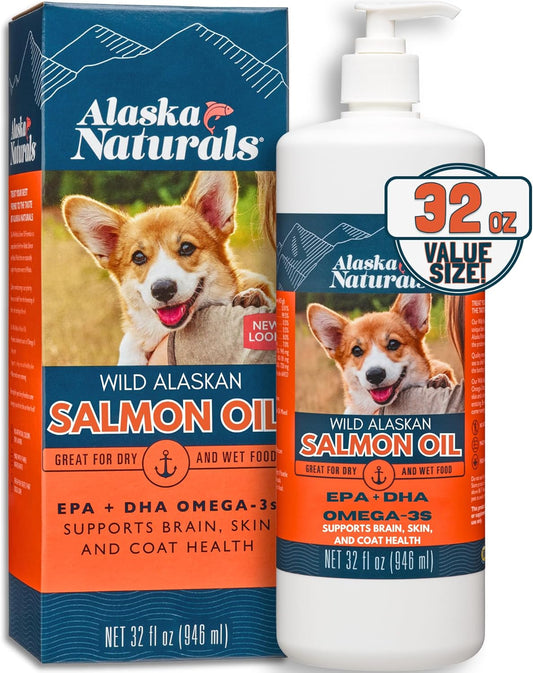 Alaska Naturals Wild Alaskan Salmon Fish Oil Liquid Food Topper 32 oz. Pump - Dog Skin & Coat Supplement with EPA DHA Omega 3 Fatty Acids