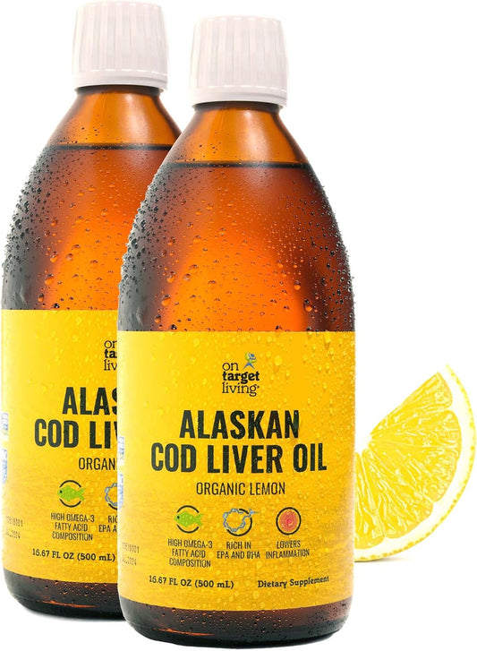 Alaskan Cod Liver Oil Lemon Flavor 16.67 oz (2-Pack) | USA Line Caught | High Omega 3 DHA/EPA | Vitamin D | Non-GMO (Organic)