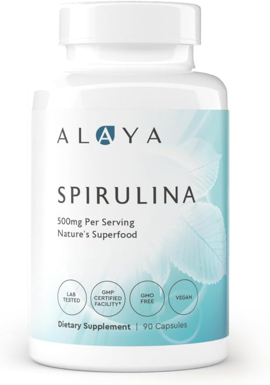 Alaya Naturals Earthrise Spirulina Capsules - Non-GMO Vegan Superfood - 500 mg, 90 Capsules