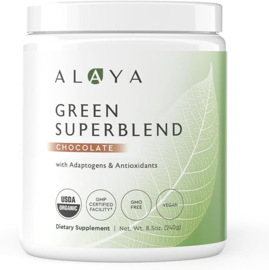 Alaya Naturals Organic Super Greens Powder - Premium Green Juice Supplement with Adaptogens, Antioxidants, Probiotics - USDA Organic, Non-GMO, Vegan - 30 Servings (Chocolate)