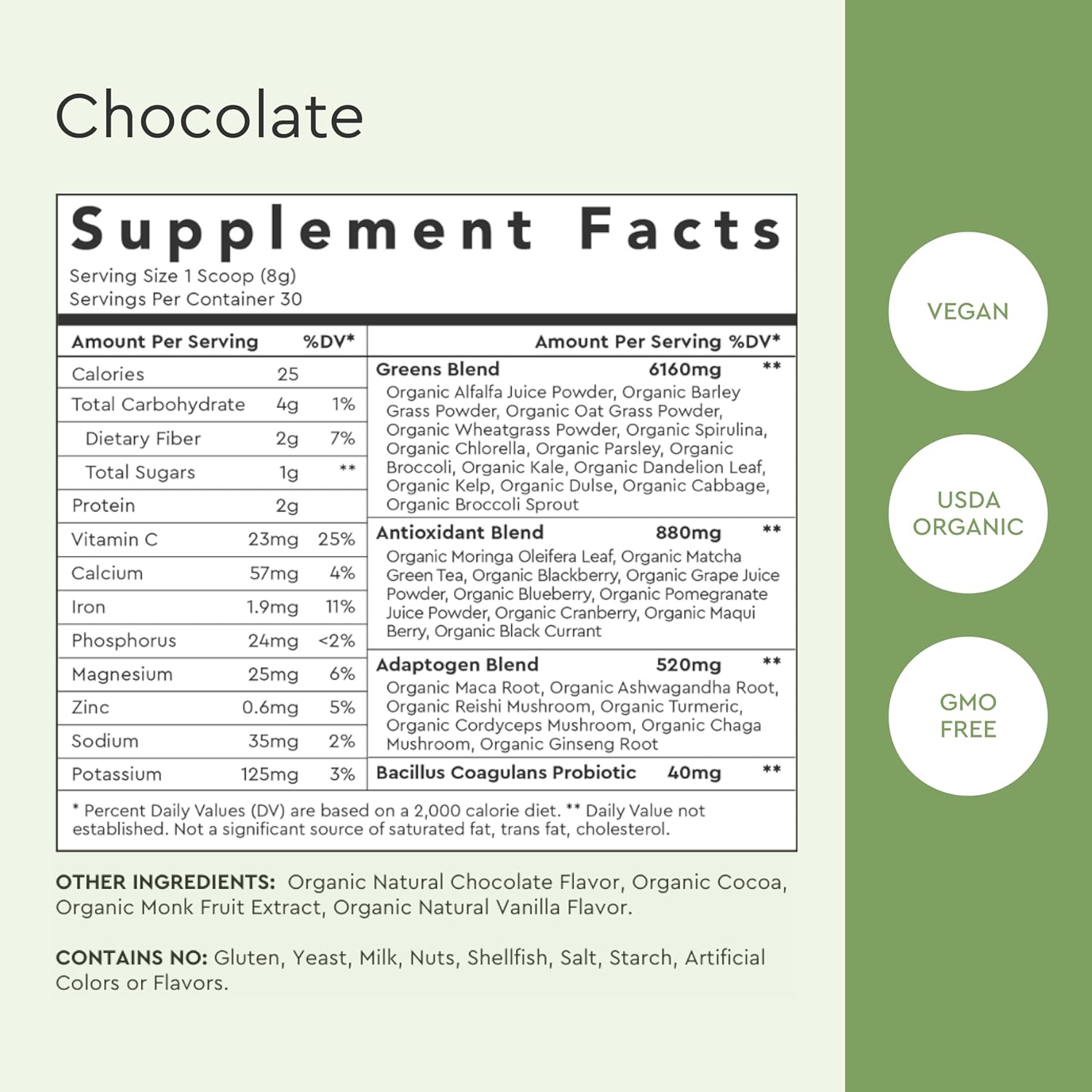 Alaya Naturals Organic Super Greens Powder - Premium Green Juice Supplement with Adaptogens, Antioxidants, Probiotics - USDA Organic, Non-GMO, Vegan - 30 Servings (Chocolate)