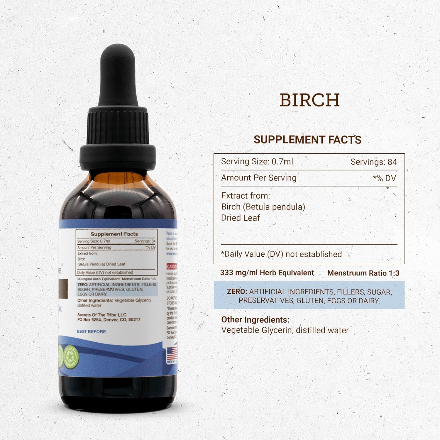 Alcohol-Free Birch Tincture Liquid Extract - 2 FL OZ - Secrets of the Tribe Birch Leaf Supplement
