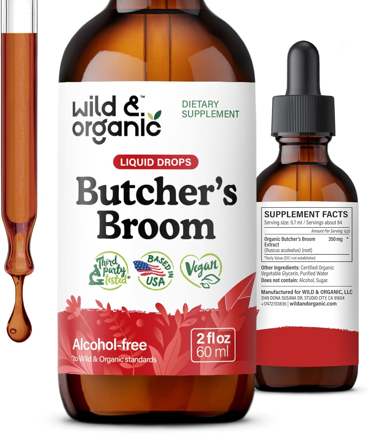 Alcohol-Free Butcher's Broom Root Drops for Leg Support - 2 fl oz Liquid Supplement - Vegan, Non-GMO, No Sugar - Ruscus Aculeatus Herb