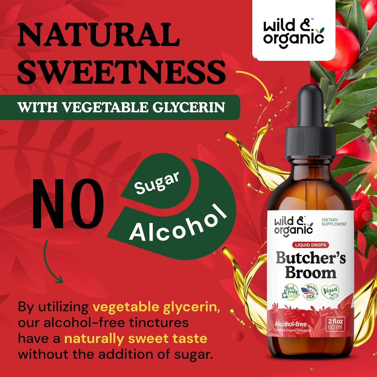 Alcohol-Free Butcher's Broom Root Drops for Leg Support - 2 fl oz Liquid Supplement - Vegan, Non-GMO, No Sugar - Ruscus Aculeatus Herb