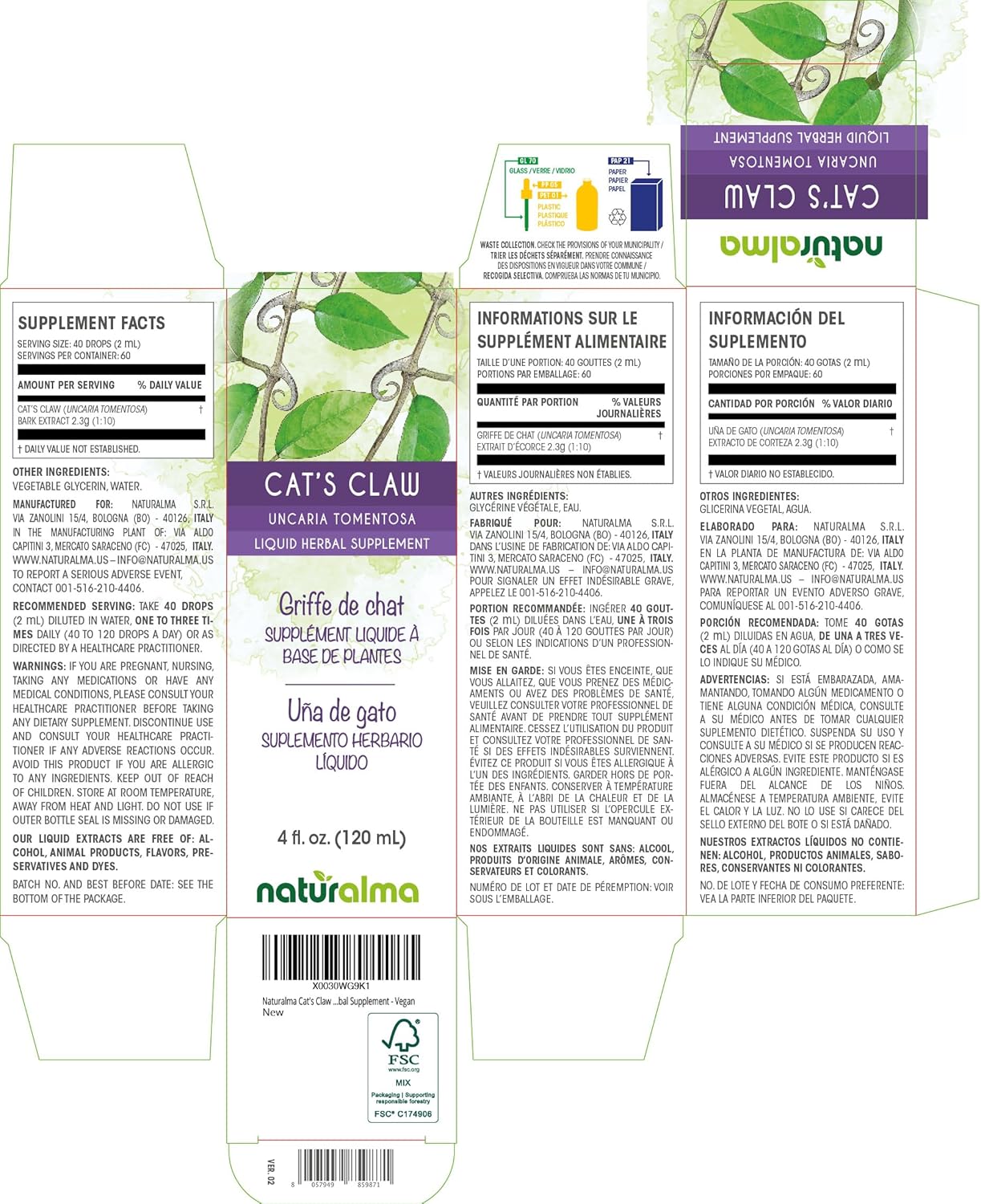 Alcohol-Free Cat's Claw Bark Tincture - 4 fl oz Liquid Extract Drops - Herbal Vegan Supplement