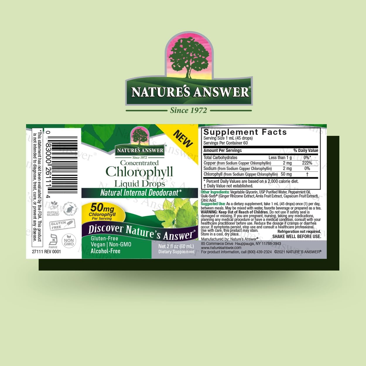 Alcohol-Free Chlorophyll Liquid 50mg 2oz | Internal Deodorant | Skin & Hair Support | Immune Function & Detox | Gluten Free, Non-GMO | Single Count
