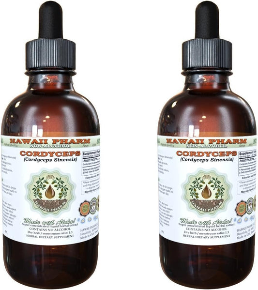 Alcohol-Free Cordyceps Liquid Extract - 2x2 oz - Natural Herbal Supplement - Cordyceps Sinensis Mushroom Glycerite by Hawaii Pharm