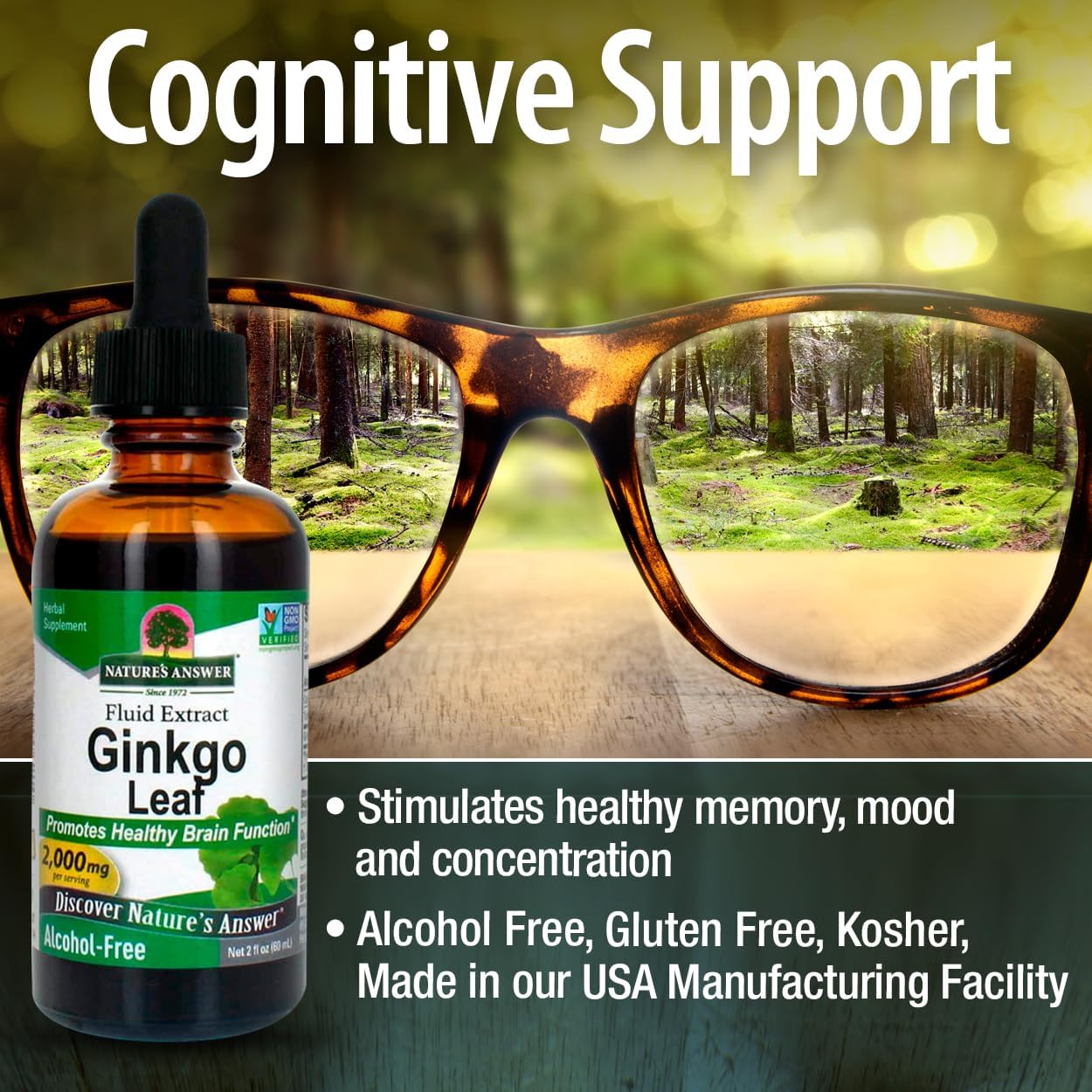 Alcohol-Free Ginkgo Leaf Extract 2000mg for Memory & Mood | 2oz | Gluten-Free & Kosher Certified | No Preservatives | Single Count
