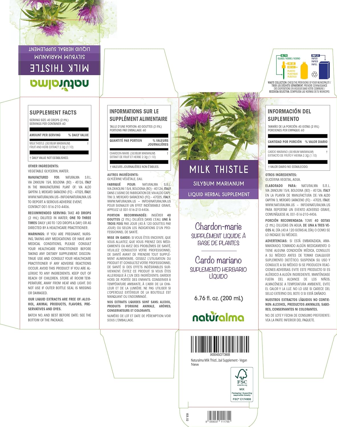 Alcohol-Free Milk Thistle (Silybum marianum) Tincture - 6.76 fl oz Liquid Extract - Vegan Herbal Supplement