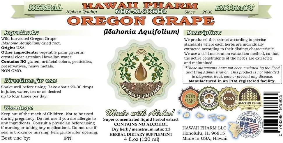 Alcohol-Free Oregon Grape Liquid Extract - 2oz Herbal Supplement from Hawaii Pharm, USA Made with Dried Root Mahonia Aquifolium