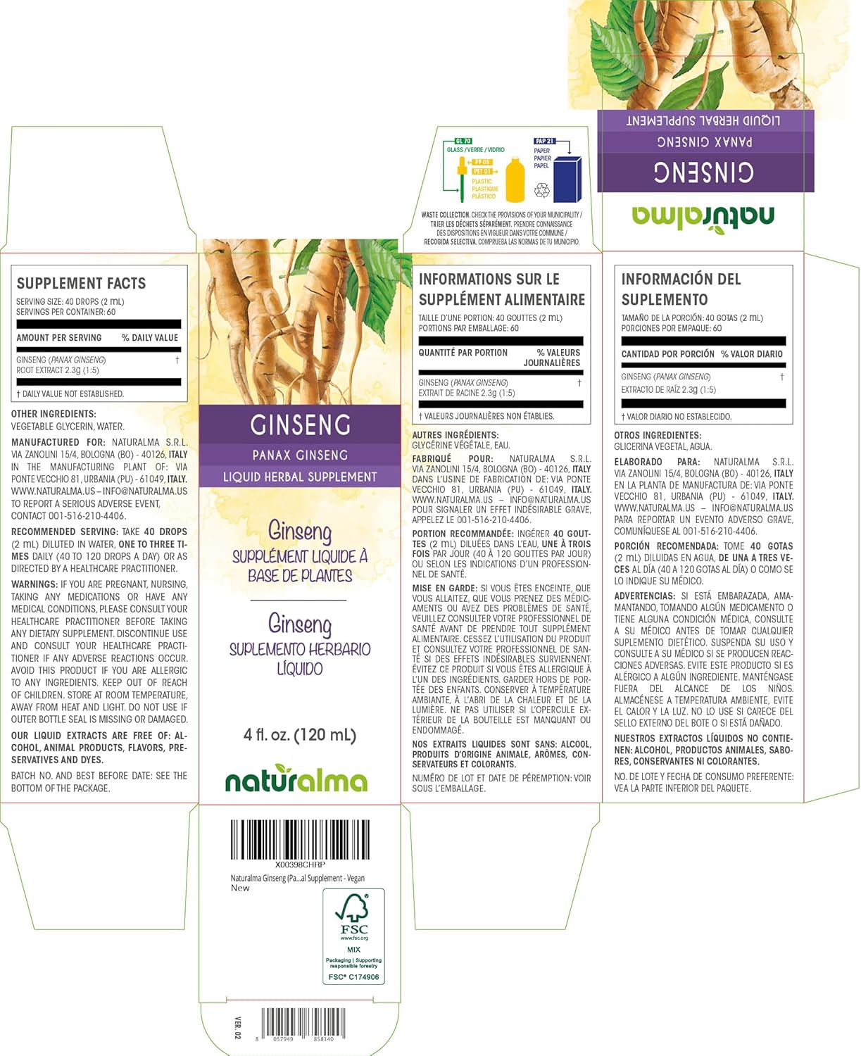 Alcohol-Free Panax Ginseng Root Tincture - 4 fl oz Liquid Extract Drops - Herbal Vegan Supplement by Naturalma