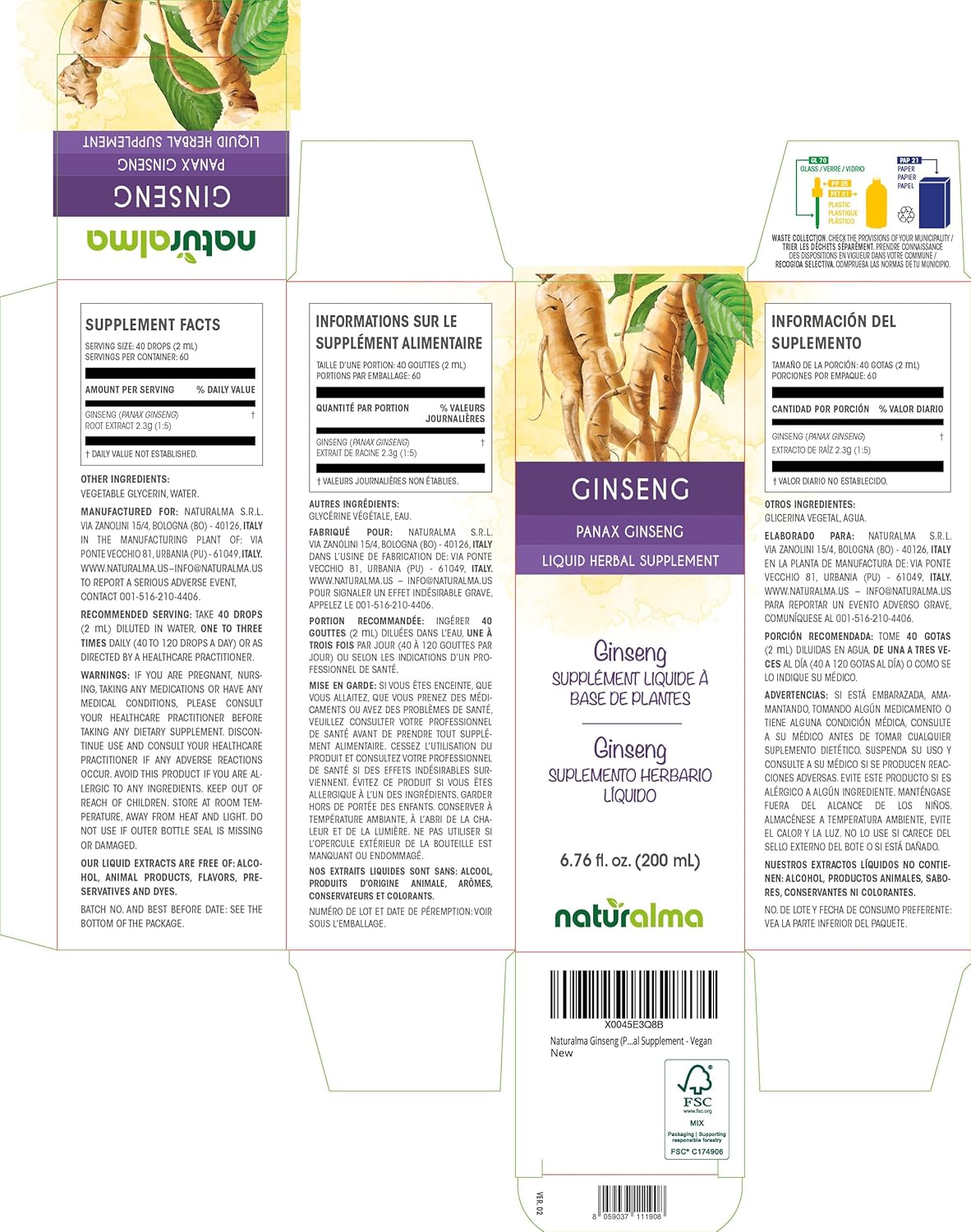 Alcohol-Free Panax Ginseng Root Tincture - 6.76 fl oz Liquid Extract Drops - Vegan Herbal Supplement by Naturalma