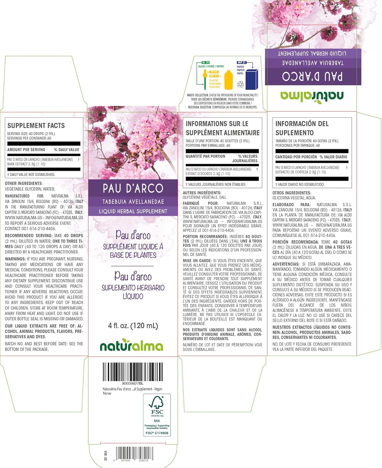 Alcohol-Free Pau d'Arco Bark Tincture - 4 fl oz Liquid Extract - Vegan Herbal Supplement