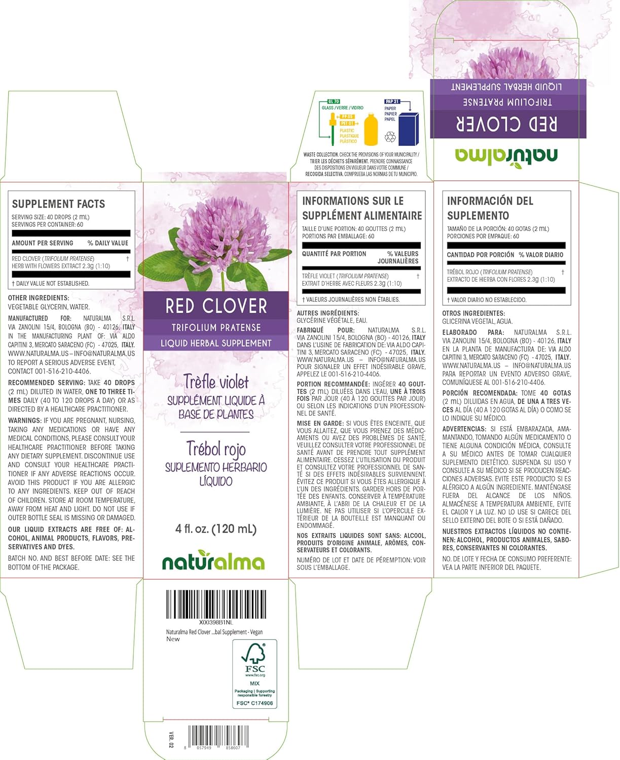 Alcohol-Free Red Clover Herb Tincture - 4 fl oz Liquid Extract Drops - Vegan Herbal Supplement