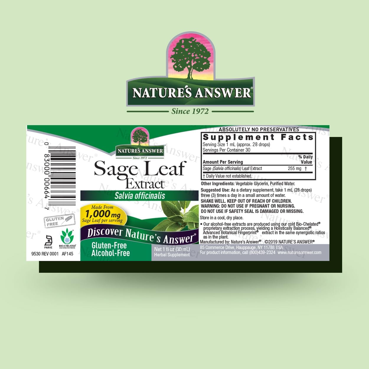 Alcohol-Free Sage Leaf Supplement for Mental Function and Gut Health - 1oz, Gluten-Free, Digestive Support