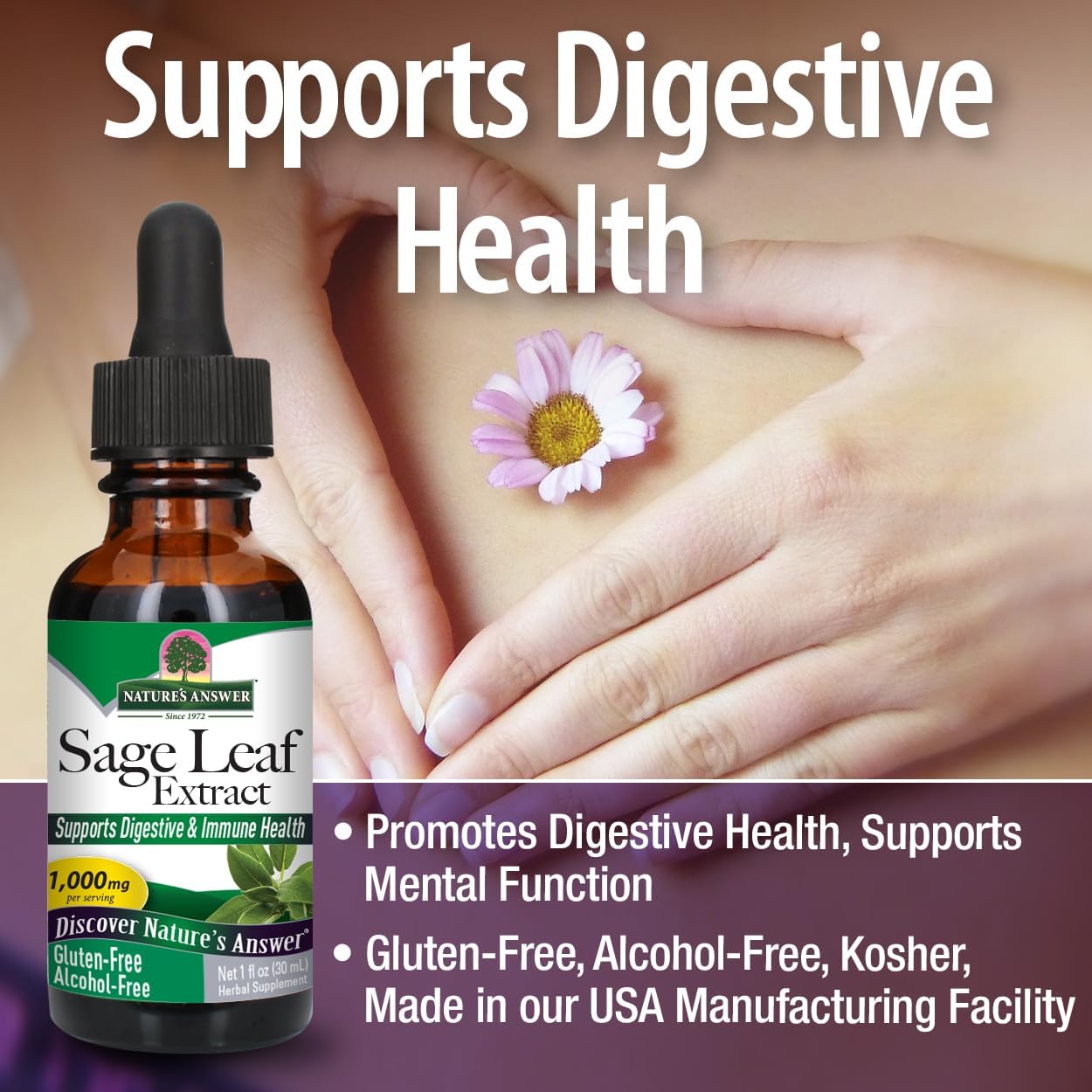 Alcohol-Free Sage Leaf Supplement for Mental Function and Gut Health - 1oz, Gluten-Free, Digestive Support