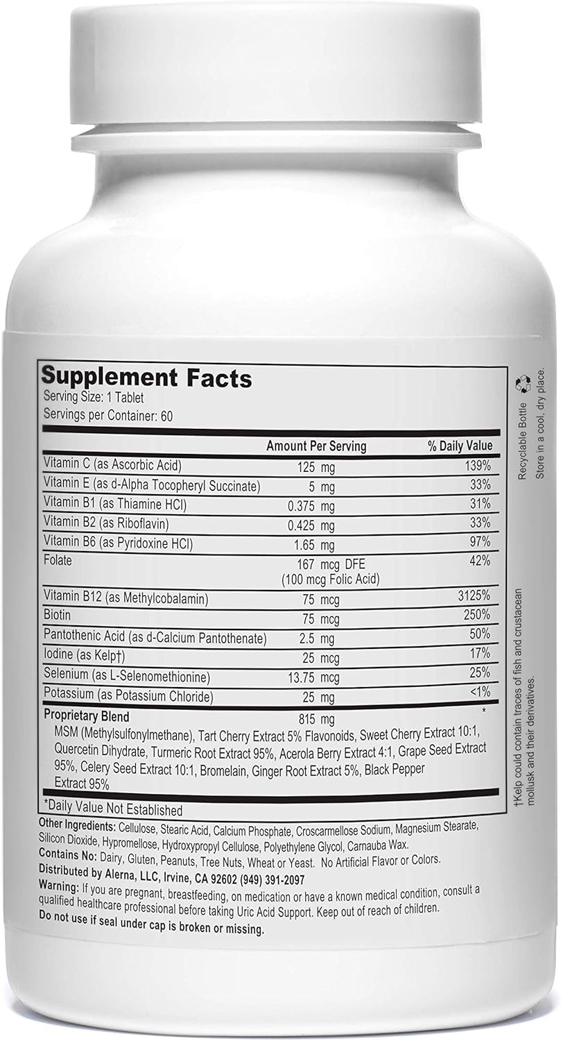 Alerna Uric Acid Support for Kidney Health - Tart Cherry, Celery, Turmeric, Quercetin - 180 Vegetarian Tablets for Normal Kidney Function