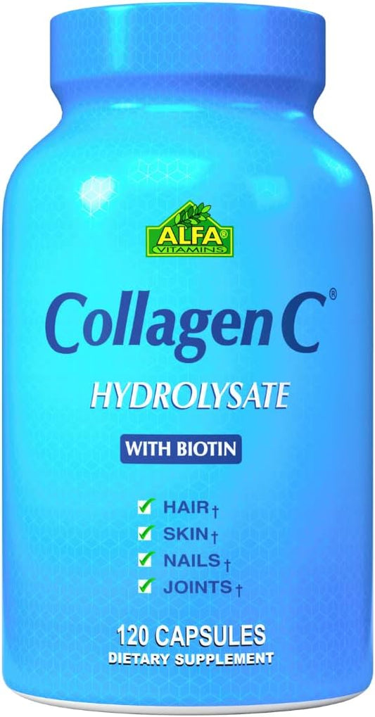Alfa Vitamins Premium Collagen Hydrolysate: Anti-Aging Supplement with Vitamin C for Skin, Nails, Hair, Bone & Muscle Health - 120 Capsules - Made in USA - BoostGo Australia