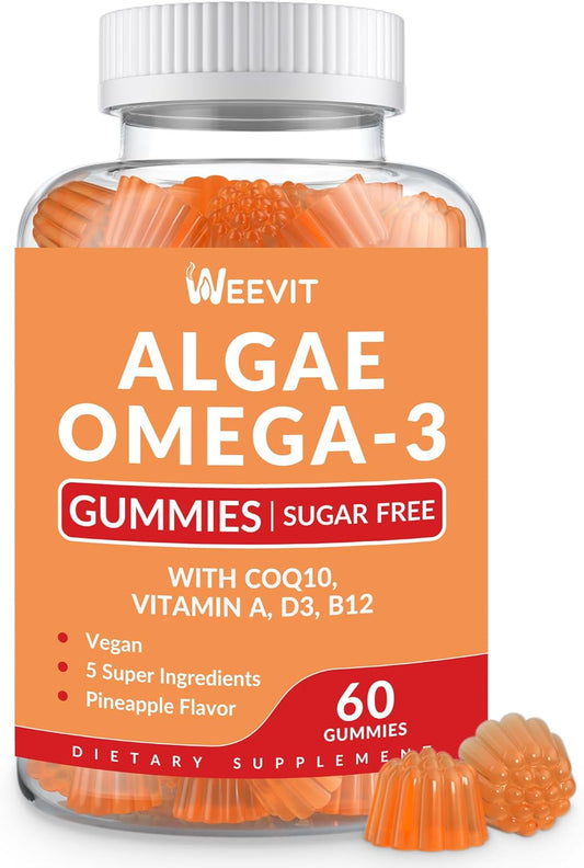 Algae Omega 3 Gummies for Adults - Sugar Free with 240mg DHA, 110mg EPA, Vitamin B12, CoQ10