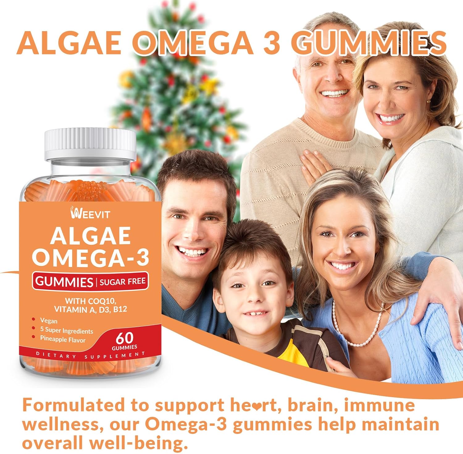 Algae Omega 3 Gummies for Adults - Sugar Free with 240mg DHA, 110mg EPA, Vitamin B12, CoQ10