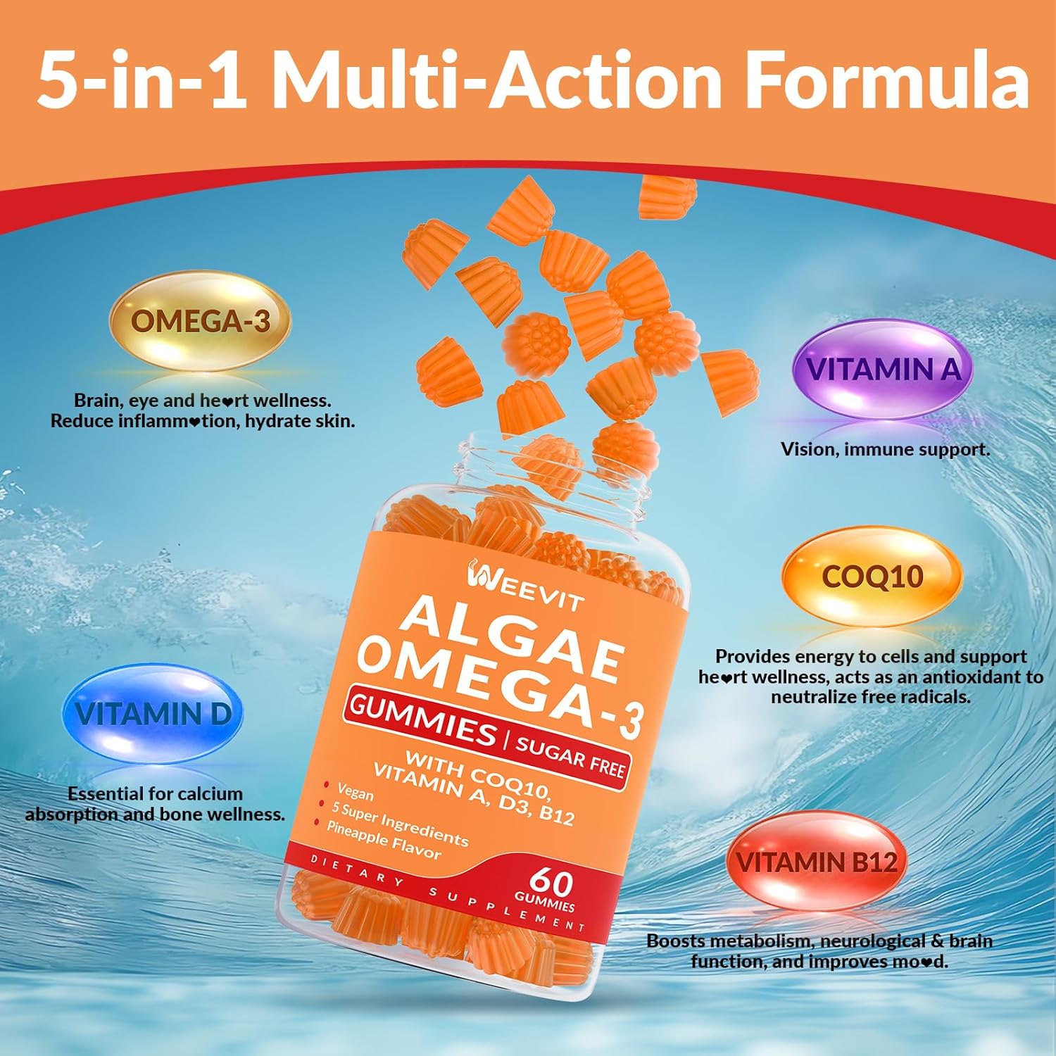 Algae Omega 3 Gummies for Adults - Sugar Free with 240mg DHA, 110mg EPA, Vitamin B12, CoQ10