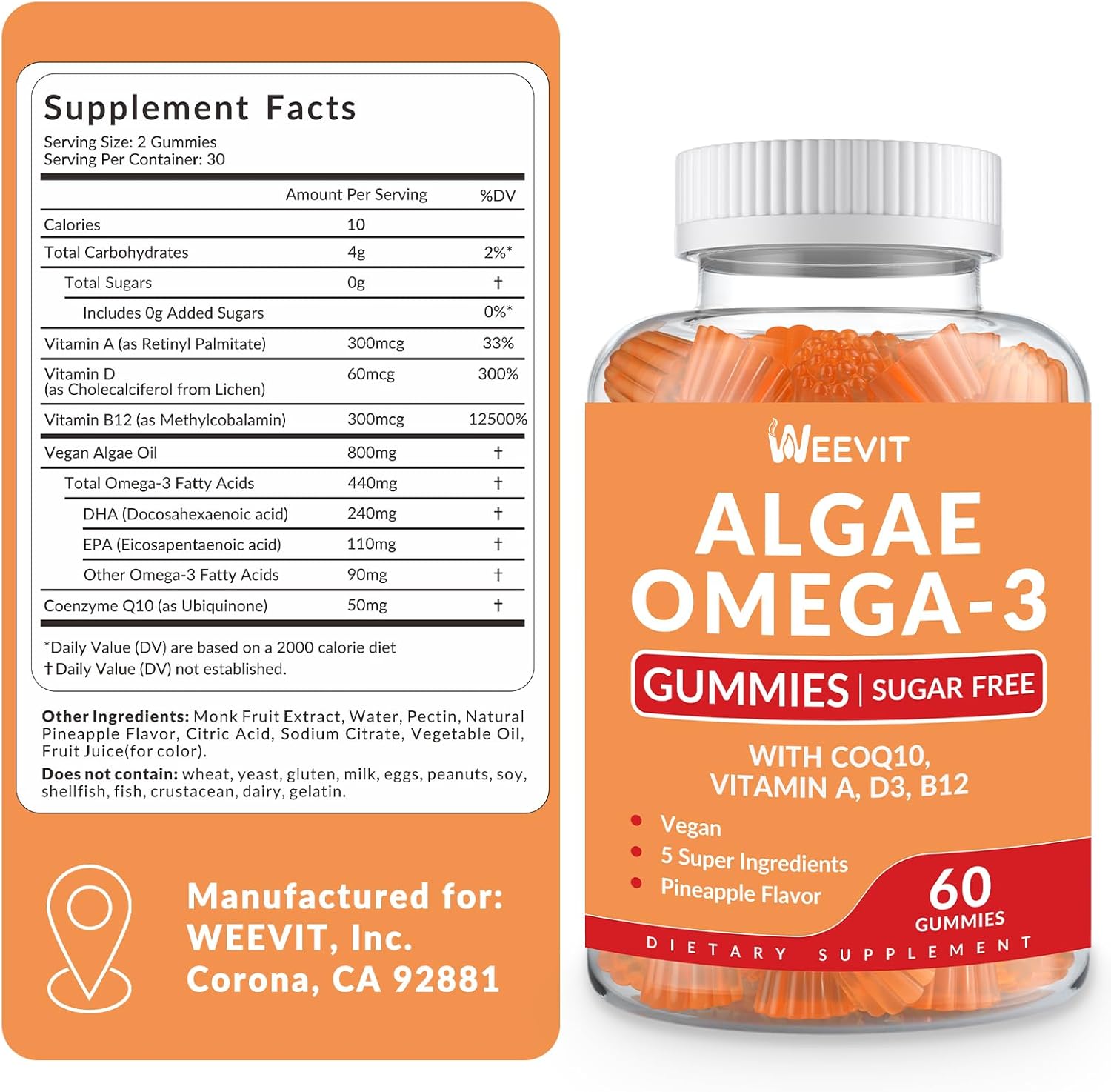 Algae Omega 3 Gummies for Adults - Sugar Free with 240mg DHA, 110mg EPA, Vitamin B12, CoQ10
