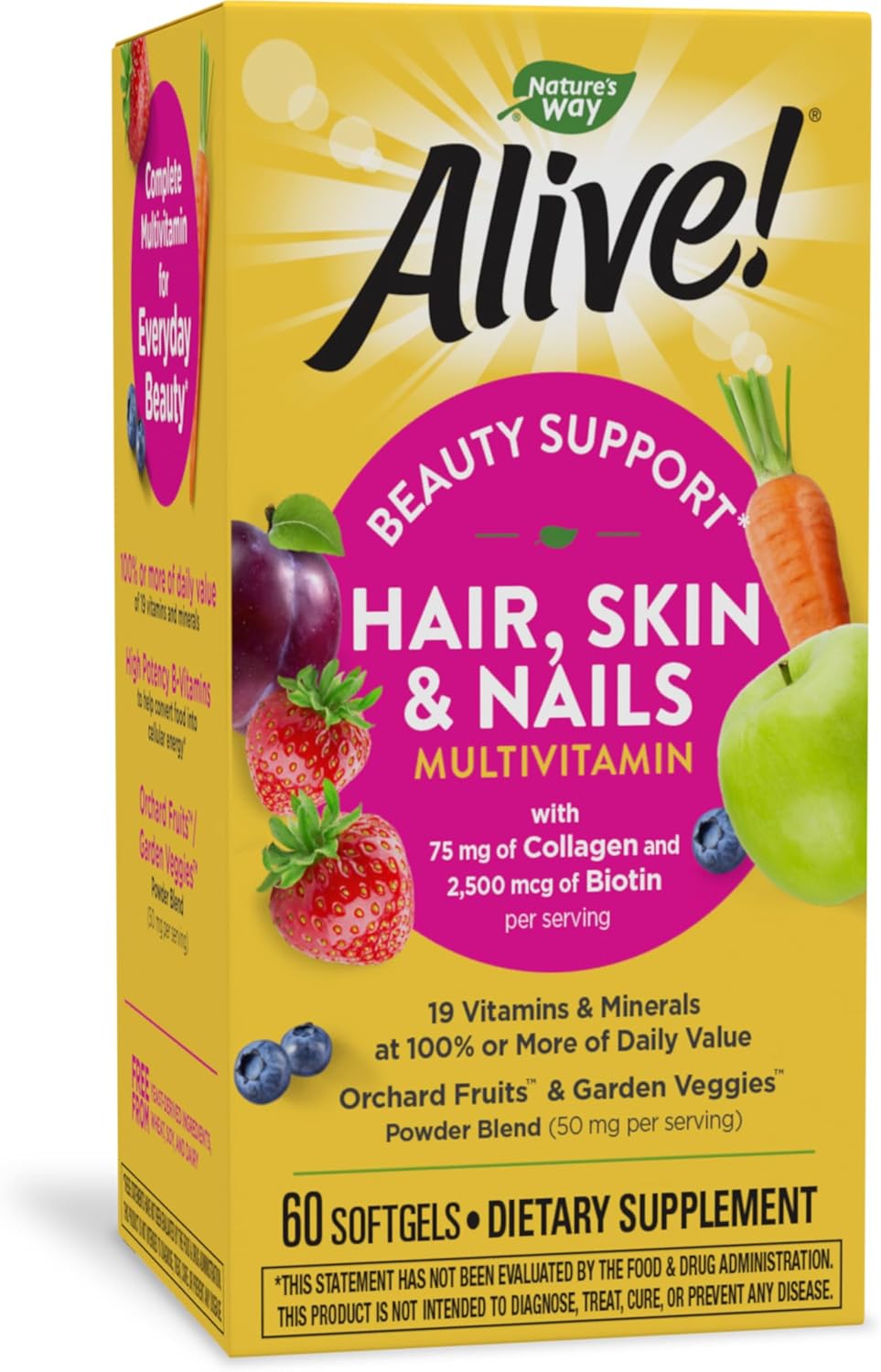 Alive! Hair, Skin & Nails Multivitamin - 60 Softgels with Biotin & Collagen by Nature's Way