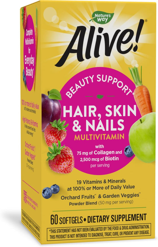 Alive! Hair, Skin & Nails Multivitamin - 60 Softgels with Biotin & Collagen by Nature's Way