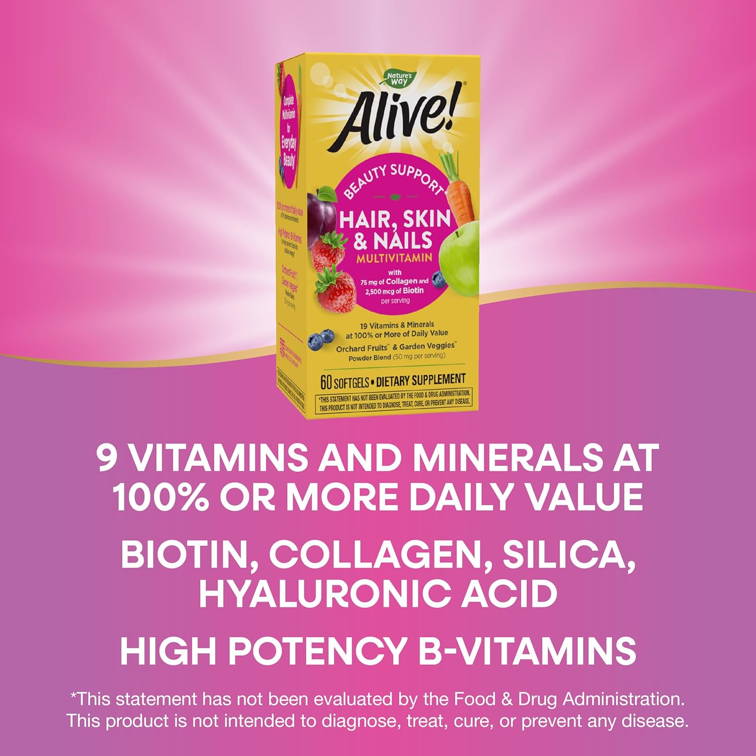 Alive! Hair, Skin & Nails Multivitamin - 60 Softgels with Biotin & Collagen by Nature's Way