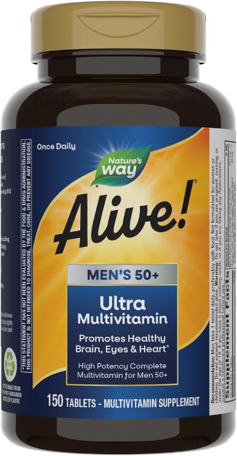 Alive! Men’s 50+ Ultra Multivitamin with High Potency Formula, Supports Brain, Eyes & Heart, Methylated B12, Gluten-Free - 150 Tablets