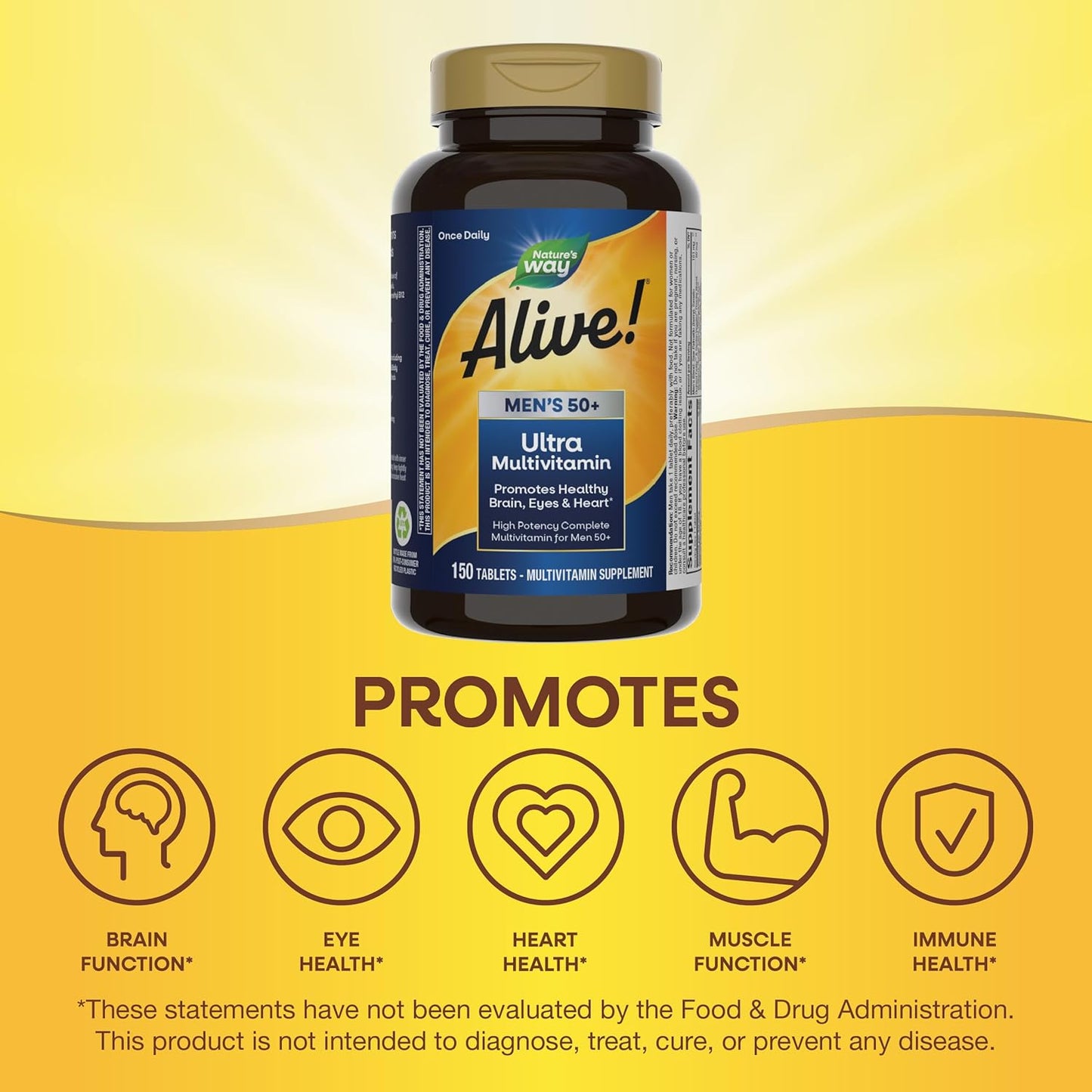 Alive! Men’s 50+ Ultra Multivitamin with High Potency Formula, Supports Brain, Eyes & Heart, Methylated B12, Gluten-Free - 150 Tablets