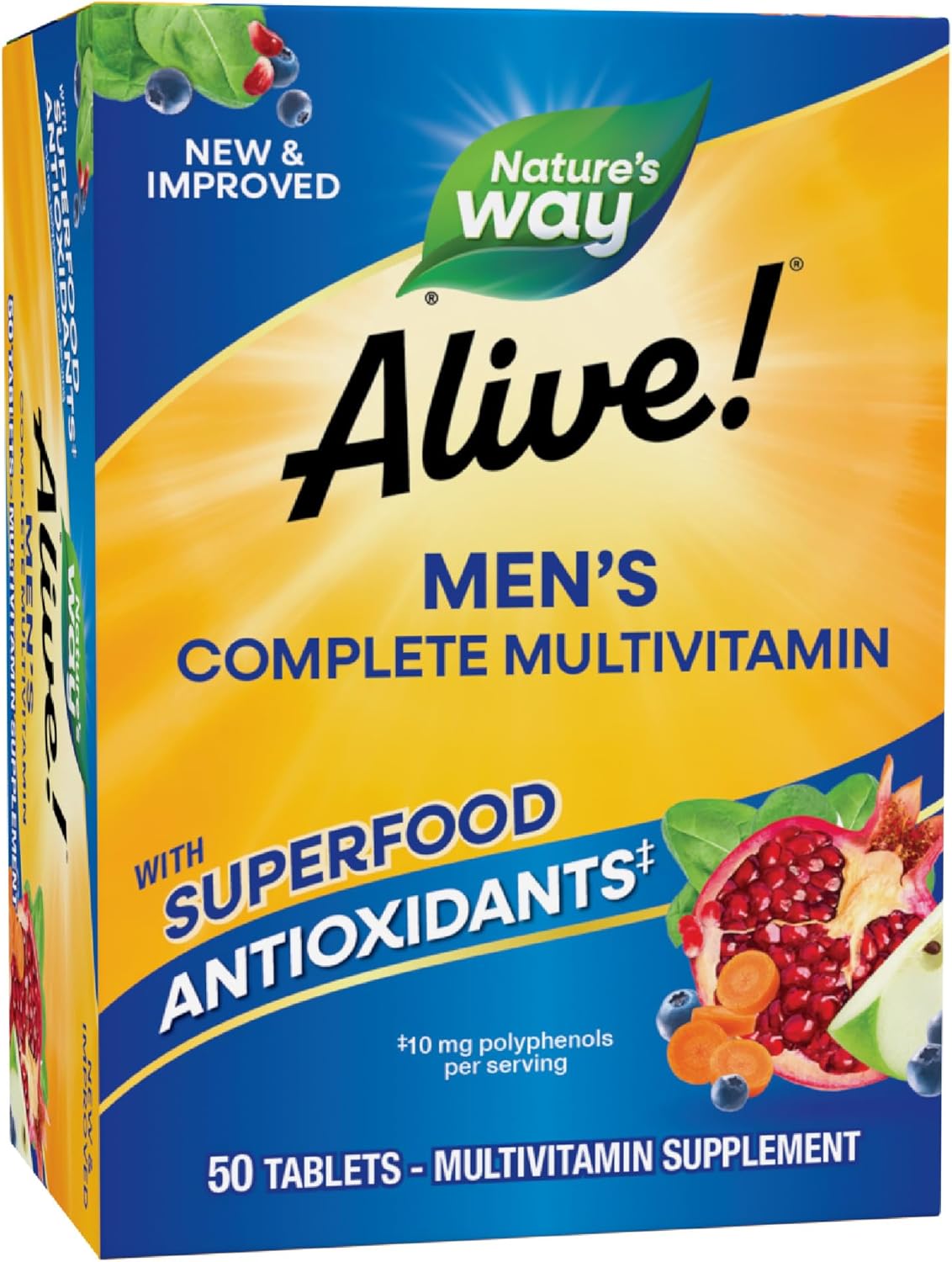 Alive! Men's Complete Multivitamin for Energy & Muscle Function, B-Vitamins, Superfood Antioxidants - Gluten-Free, 50 Tablets