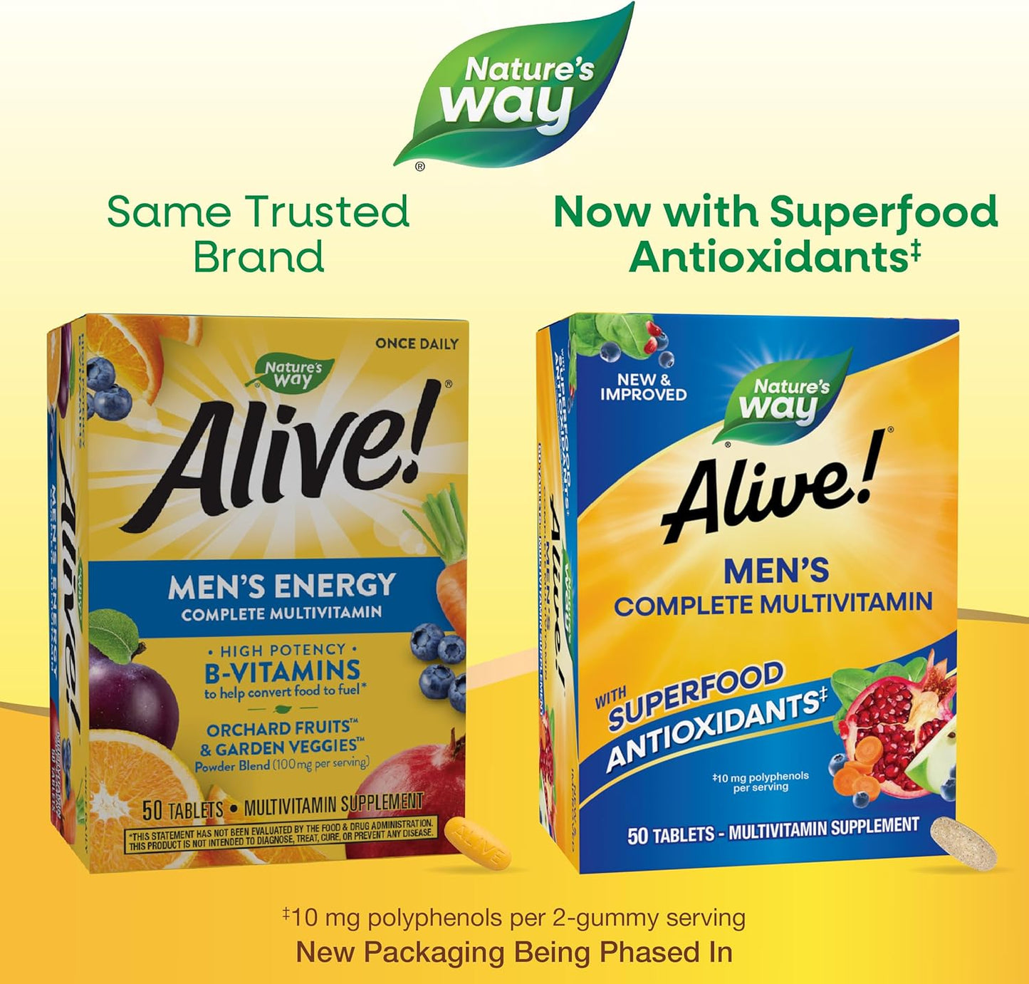 Alive! Men's Complete Multivitamin for Energy & Muscle Function, B-Vitamins, Superfood Antioxidants - Gluten-Free, 50 Tablets