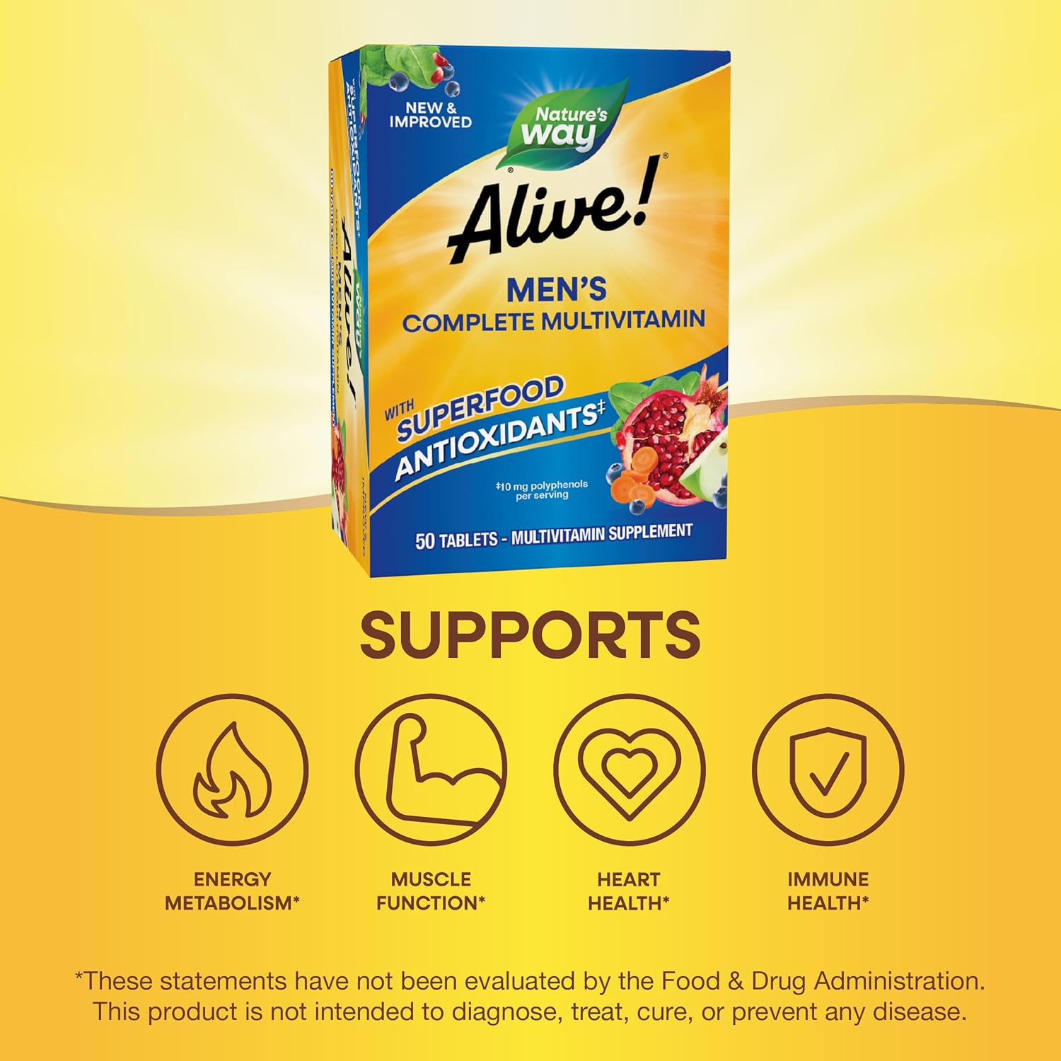 Alive! Men's Complete Multivitamin for Energy & Muscle Function, B-Vitamins, Superfood Antioxidants - Gluten-Free, 50 Tablets