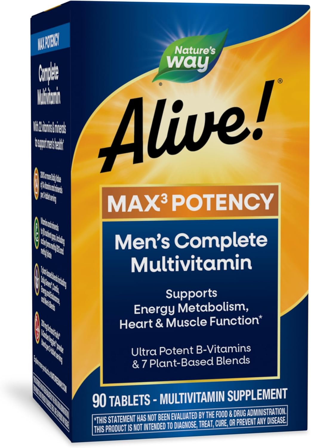 Alive! Men’s Max3 Potency Multivitamin with Methylated B12 and Folate, 90 Tablets - Supports Energy, Heart, and Muscle Function - Gluten-Free