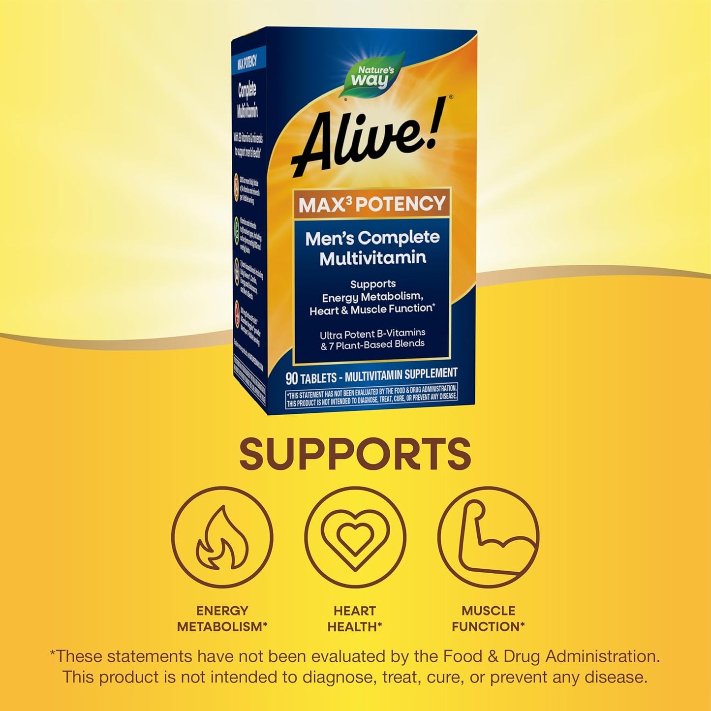 Alive! Men’s Max3 Potency Multivitamin with Methylated B12 and Folate, 90 Tablets - Supports Energy, Heart, and Muscle Function - Gluten-Free
