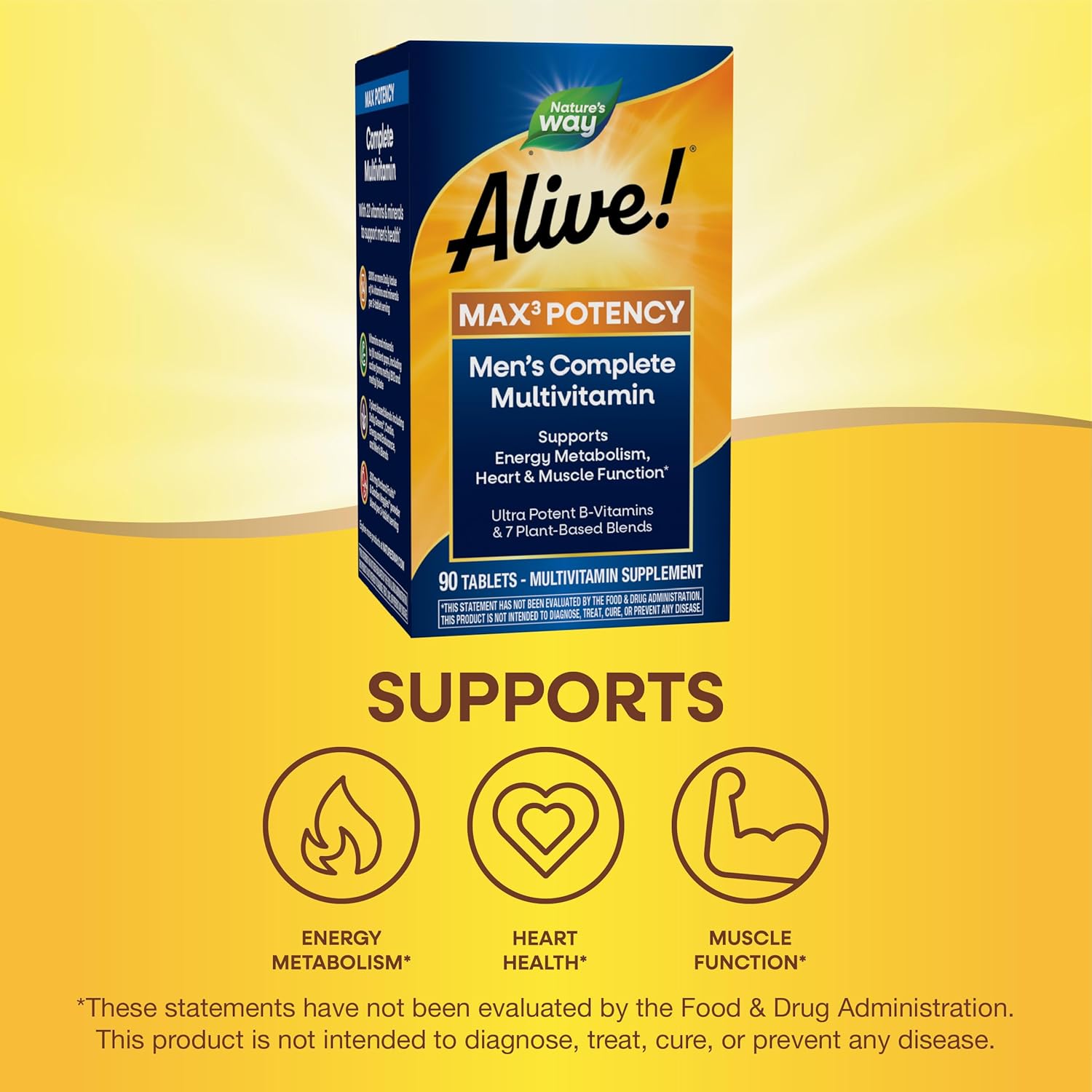 Alive! Men’s Max3 Potency Multivitamin with Methylated B12 and Folate, 90 Tablets - Supports Energy, Heart, and Muscle Function - Gluten-Free