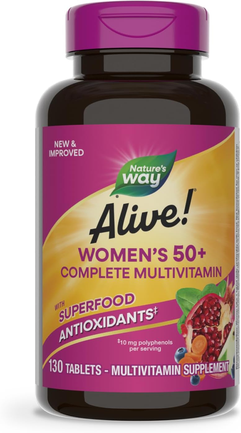 Alive! Women's 50+ Complete Multivitamin - Heart, Brain, Bones Support - Superfood Antioxidants - B-Vitamins - Gluten Free - 130 Tablets