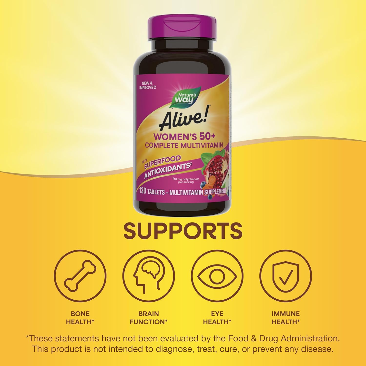 Alive! Women's 50+ Complete Multivitamin - Heart, Brain, Bones Support - Superfood Antioxidants - B-Vitamins - Gluten Free - 130 Tablets
