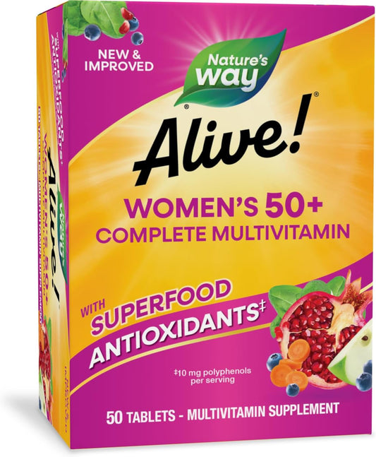 Alive Women's 50+ Complete Multivitamin: Supports Heart, Brain, Bones - Superfood Antioxidants, B-Vitamins - Gluten-Free - 50 Tablets