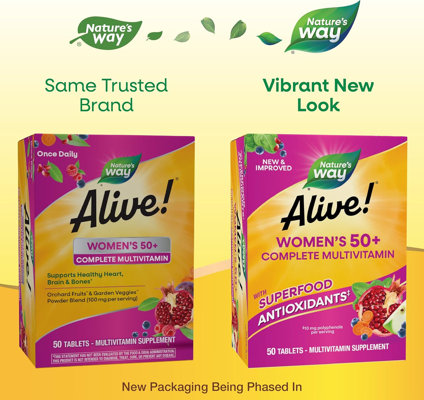 Alive Women's 50+ Complete Multivitamin: Supports Heart, Brain, Bones - Superfood Antioxidants, B-Vitamins - Gluten-Free - 50 Tablets