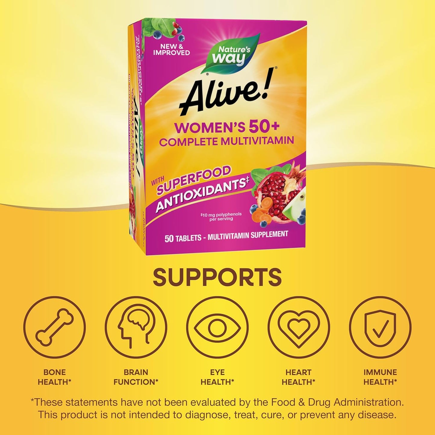 Alive Women's 50+ Complete Multivitamin: Supports Heart, Brain, Bones - Superfood Antioxidants, B-Vitamins - Gluten-Free - 50 Tablets