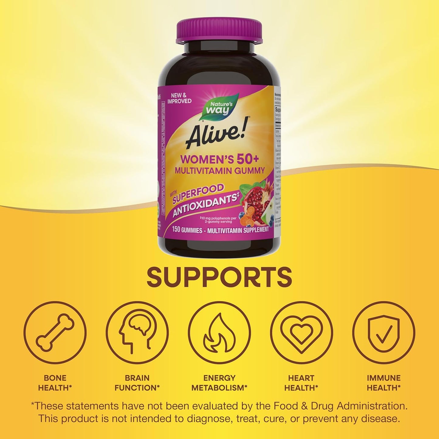 Alive Women’s 50+ Gummy Multivitamins - Supports Heart, Brain, & Bones - B-Vitamins - Mixed Berry Flavored - 150 Gummies