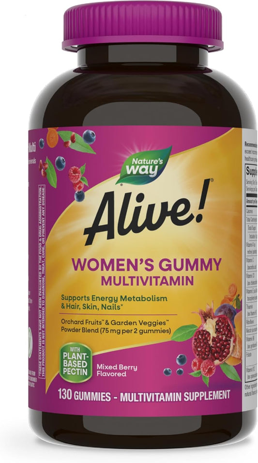 Alive! Women's Daily Gummy Multivitamins - 16 Vitamins & Minerals for Energy Metabolism, Hair, Skin & Nails - Vegetarian, Mixed Berry Flavored - 130 Gummies